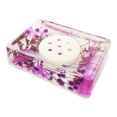 China Acrylic Rectangle Shape Soap Dish Cup Holder Water Draining Purple Dry Flowers Soap Tray Stand Hotel Room Bathroom Decoration for sale