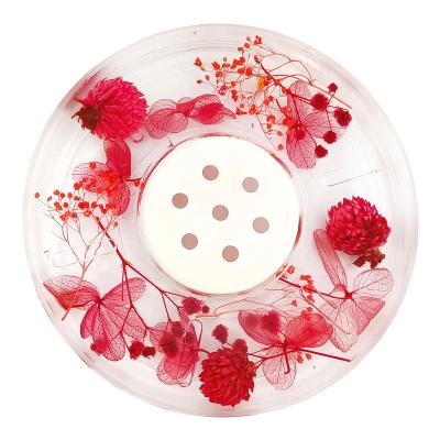 China Water Draining Efficiency Clear Acrylic Soap Dish Holder Round Water Draining Soap Tray Box Red Dried Flower Fashionable Design Hotel Restroom Decoration for sale