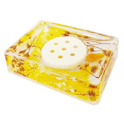 China Rectangle Shape Sustainable Soap Dish Cup Holder Acrylic Water Draining Yellow Dry Flowers Soap Tray Stand Hotel Room Bathroom Decoration for sale