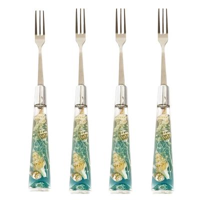 China Durable Durable Stainless Catering 4-Piece Set Acrylic Dessert Cake Salad Fork Handle Fruit Pick Fork Set for sale