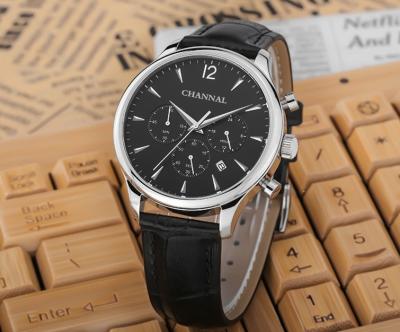 China China Factory Automatic Wristwatch OEM Minimalist Date Fashion Casual Men's Chronograph Wrist Watch With Genuine Leather Steel Strap for sale