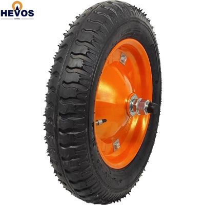 China 14 Inch 3.25-8 Flat Product Pneumatic Freewheel For Construction Wheelbarrow 25.4m Bearing Pneumatic Rubber Wheels Heavy Duty for sale