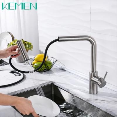 China Modern Brushed Kitchen Faucet 304 Stainless Steel Single Handle Mixer Tap Pull Out Kitchen Faucet for sale