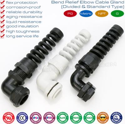 China PG & Metric Thread Elbow Plastic Cable Glands, IP68 Right Angle Nylon Cable Glands with Spiral Flexible Protector for sale