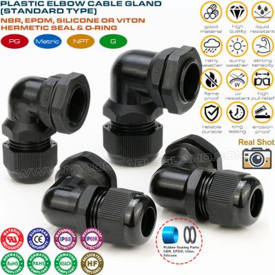 China 90° Elbow Hermetic Cable Glands, IP68 Waterproof Right Angled Electrical Cable Glands with PG & Metric Threads for sale