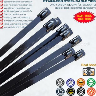 中国 316/304 Stainless Steel Ball-lock Cable Tie 200mm x 7.9 with Black Epoxy Fully Coating (380lbs) for Outdoor Fence 販売のため