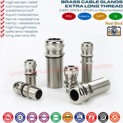 China Long Thread Cable Gland, IP68/IP69K Brass Metal Cable Glands with Extralong Thread PG7~PG48 & M12~M63 for Thick Panel for sale