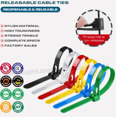 China Aflosbaar Zip Cable Tie Plastic Kleurrijk 300mmx7.6, Ø10~82mm verstelbare kabelband herbruikbare kabelband (50lbs) Nylon 66, 94V-2 voor binnen- en buiten Te koop