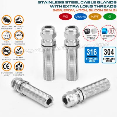 China Metal Brass Cable Glands Metric/PG Waterproof IP68 with Long Thread, 304 or 316 Stainless Steel Cable Glands with PG/Metric Extra Long Thread for Thick Electrical Enclosure for sale