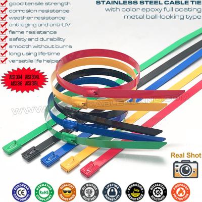 China 304/316 Cable de acero inoxidable corbata poliéster epoxi totalmente recubierto 500 mm x 7.9, Nylon plástico pulverizado cable de metal correa (Ø13-128mm, 380lbs) para organizar cables en venta