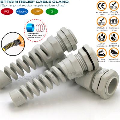 China Prensa estopa espiral /conector glándula flexible con alivio de tensión espiral nylon (poliamida) 6 PG11 IP68 para cable de 5-10mm en venta