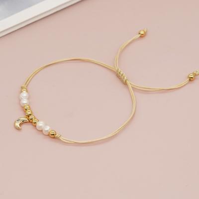 China CLASSIC Retro Micro Pave Gold Moon Charm Bracelet Micro Freshwater Pearl Bead Bangle Fashion Jewelry Adjustable Bangles for sale