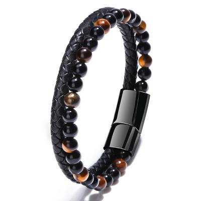 China Wholesale CLASSIC Lava Tiger Eye Lapis Natural Stone Beads Leather Bracelet for Men Magnetic Bracelet Health 21CM for sale