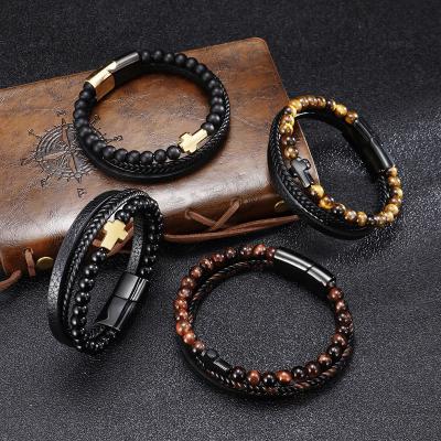 China Wholesale Natural CLASSIC Bracelet Men's Multi-Layer Titanium Stainless Steel Tiger Eye Agate Stone Cross Braided Leather Bracelet for sale