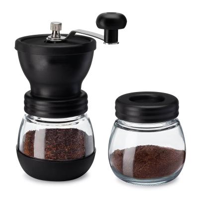 China Car manual coffee grinder with ceramic burrs, glass jars, silicone cover and stainless steel handle for sale