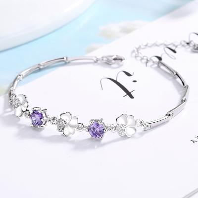 China TRENDY minimalist handmade lucky four leaf clover style female 925 Sterling Silver CZ bracelet fashion jewelry for sale