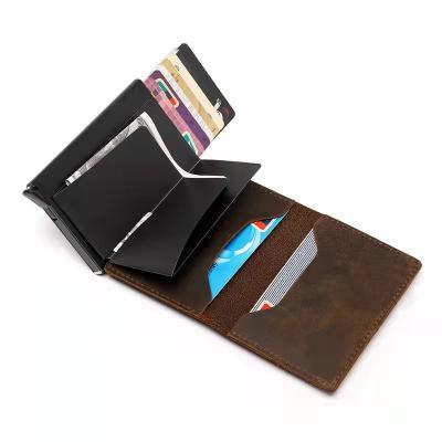 China High Quality Vintage Real Leather Pop Card Holder Case Aluminum Airtag Wallet for sale