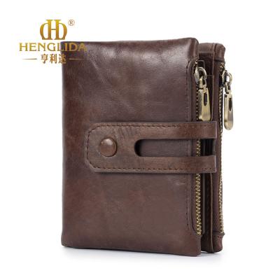 China RFID leather wallet men and women lay first whip retro multi-function vertical zipper wallet waxed leather wallet for sale