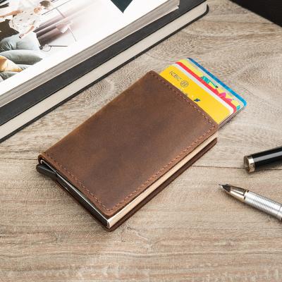 China Fashion Amazon Popular Flip Rfid Card Holder Genuine Vintage Pop Up Card Wallet for sale