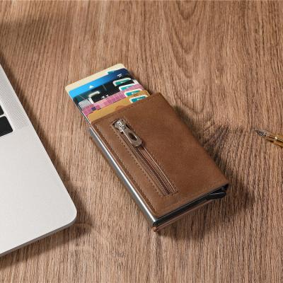 China 2022 New Fashion Zipper Cash Card Holder Rfid Leather Aluminum Magnetic Wallet Coin Pocket for sale