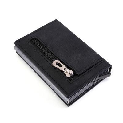 China New Fashion Zipper Card Case Coin Pocket Wallet Magnet Leather Card Holder With Auto Pop Up Rfid Blocking for sale