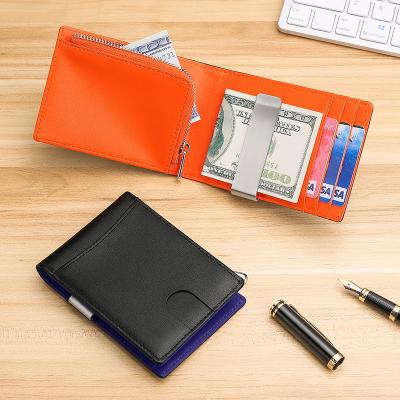 China High quality genuine leather men's Front Pocket RFID blocking wallet with metal silver clasp laser your LOGO for sale