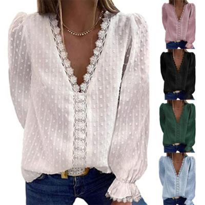 China Anti-pilling Solid Color V-neck Chiffon Shirt Embroidered Lace Long Sleeve Woven Causal Blouse For Women for sale