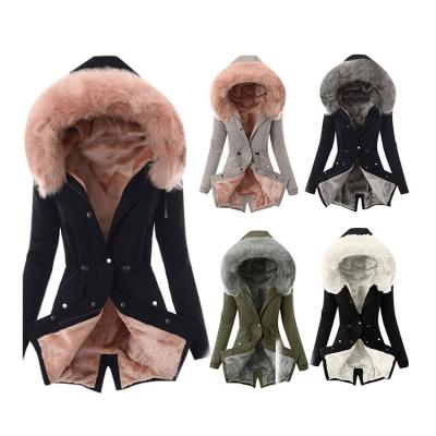 China Anti-wrinkle ladies fur collar drawstring pure color cotton casual warm coat women plus velvet jacket for sale