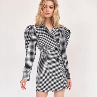 China 2021 Autumn Women's Shirt Dress Plaid Suit Collar Lamb Leg Sleeve Dress Early Retro Anti-Static for sale