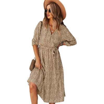 China 2021 Autumn Leopard V-Neck Long Sleeve Anti-Static Elegant Casual Dresses Spring Women Dress Floral Dress for sale