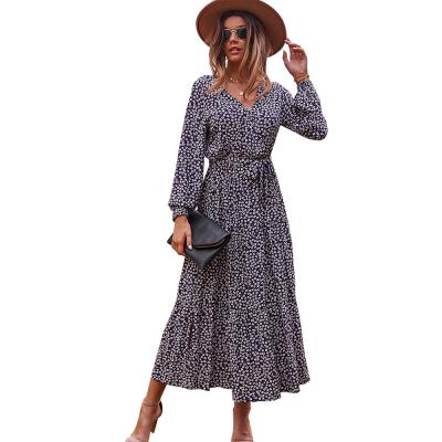 China Anti-Static Loose V-Neckline Floral Women Fall Dresses Long Women Maxi Cheap Woman Dress Casual Long Sleeve Dress for sale