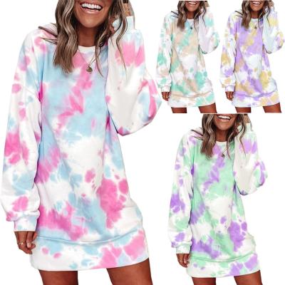 China Women Casual Jumper Mini Dress Dye Tie Dye Sweatshirt Dress Long Sleeve O-Neck Shift Dress Anti-Static for sale