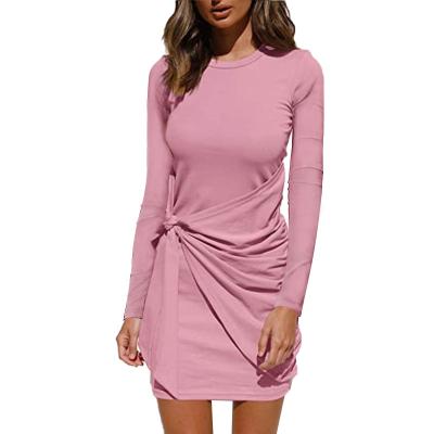 China Washable Round Neck Women Gathering Dress Long Sleeve Midi Dress Pleat Dress for sale