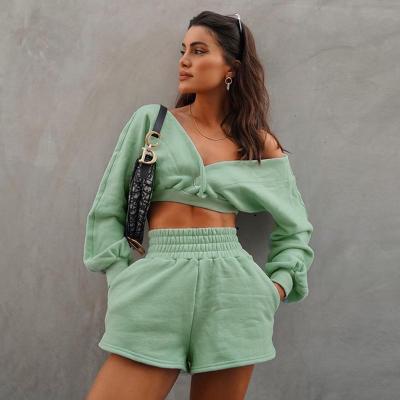 China Wholesale Breathable Soft Off Shoulder Long Sleeve Sweatshirt Women Shorts Comfortable Set Women Two Piece Set for sale