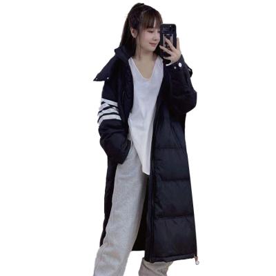 China Anti-wrinkle mid length loose length down jacket women's hooded color blocking striped white duck down jacket for sale