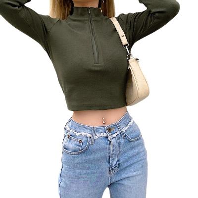 China Anti-Wrinkle Women Slim Fit Zipper Long Sleeve T-Shirt Top Women Casual Stand Collar Short Bottoming Top for sale