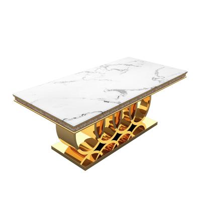 China New Design Mass Purchase Modern Stainless Steel Frame Gold Marble Top Luxury Dining Tables for sale