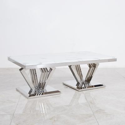 China Other Newest Modern Design Living Room Silver Stainless Steel Legs Coffee Table Marble Top Medal for sale