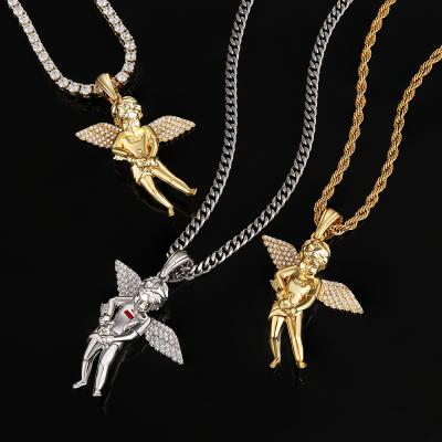 China CLASSIC Hip Hop Iced Out Child Baby Keeper 14K Gold Plated Stainless Steel Angel Pendant Necklace Charm for sale