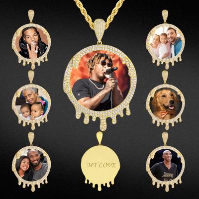 China CLASSIC Custom Micro Zircon Circle Memory Hiphop Rotating Double Side Photo Pendant Necklaces for sale