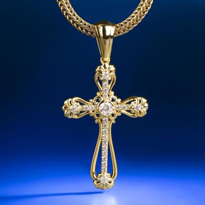 China CLASSIC Hip Hop Jewelry 14K Gold Hollow Shiny Iced Out Cross Pendant CZ Necklace Charms For Men Or Women for sale