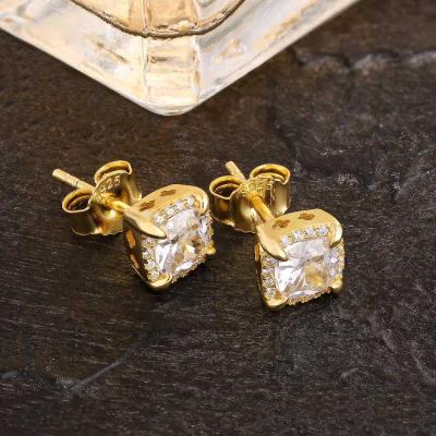 China Customized CLASSIC 14K 18K Gold Plated Iced Out 5A CZ Stone Rectangle 925 Sterling Silver Mens Stud Earrings for sale