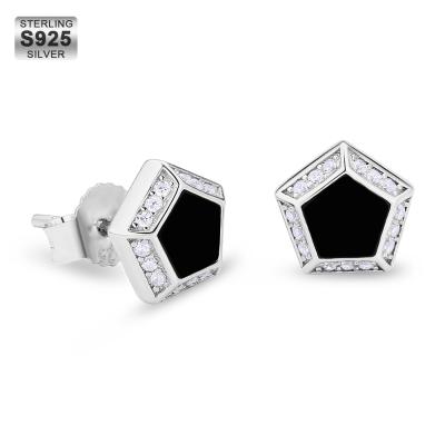 China CLASSIC Black Crystal Cubic Zirconia CZ Diamond Gold 925 Sterling Silver Men Women Men Pentagon Stud Earring for sale