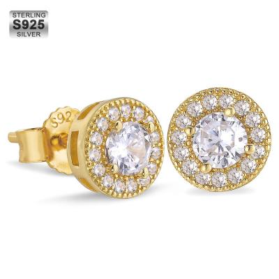 China Custom 925 Sterling Silver Gold Plated Round CLASSIC Diamond CZ Stud Earrings For Men for sale