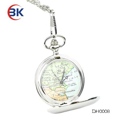 China Hot Antique World Map Printing Watch Travel Case Necklace Chain Watch Pocket Watch for sale