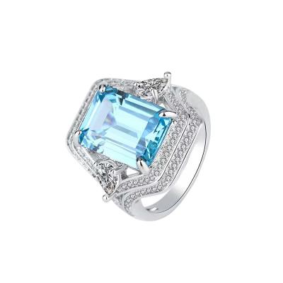 China Luxury Environmentally Friendly Aqua Blue Emerald 10x14 Zircon Gold Plated 925 Silver Ring Silver Jewelry for Women or Birthday Gift for sale