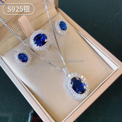 China Luxury Ethnic 925 Silver Jewelry Set Sapphire Oval Cubic Zirconia Gem Pendant Necklace Set For Women Or Birthday Gift for sale