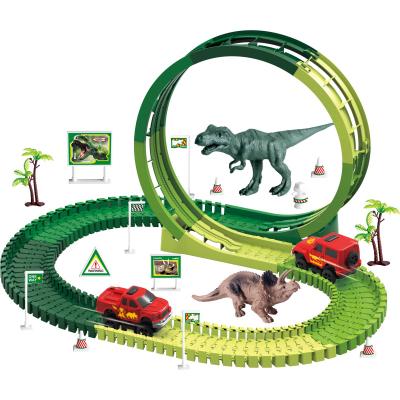 China Electric Track With Light Music World Road Test Adventure Rail Car Building Block Dinosaur Flexible Electric Track Toy for sale