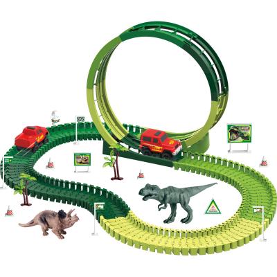 China Electric track with light music newcomers educational children play creative small toy car with dinosaur toy for sale