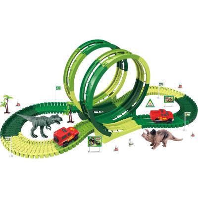 China Electric track with light music 2022 hot sale plastic diy slot toys 360 degree riding soft electric dinosaur car track toy racing track toy for sale